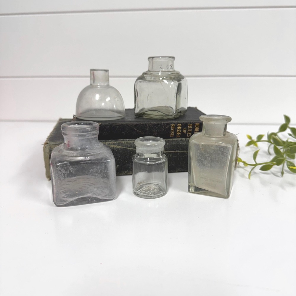 Set of 5 Vintage ink well jars small square jars